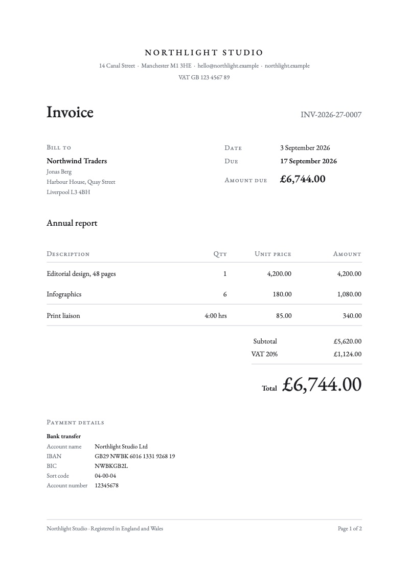 The same invoice in the Atelier template: centred small-caps letterhead and Garamond type.