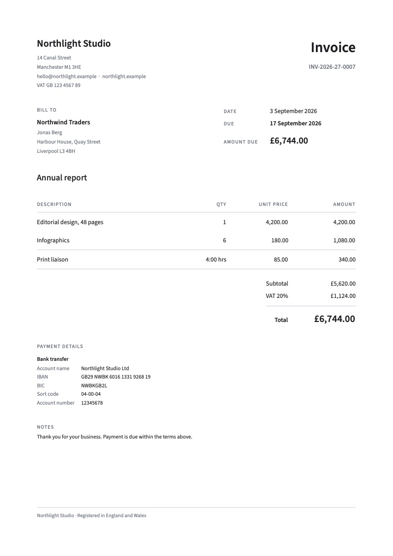 An invoice in the Ledger template: clean sans-serif type, a bill-to block, line items, VAT and a total of £6,744.00.
