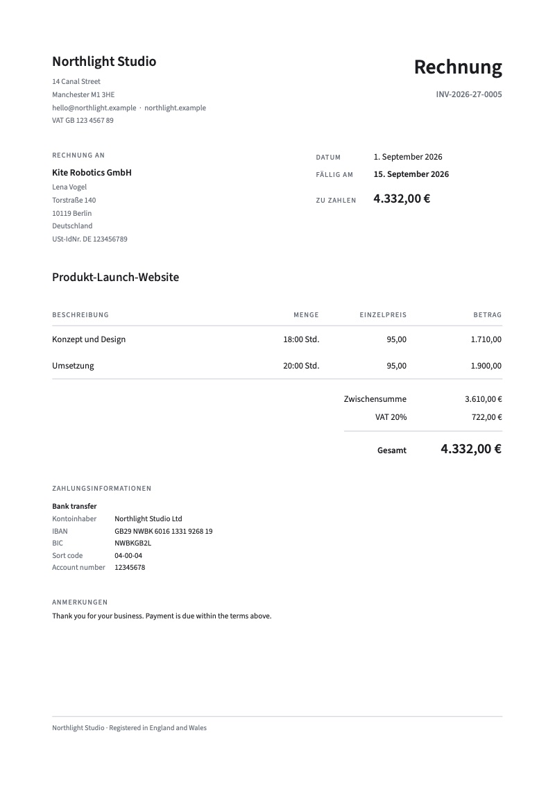 A German invoice (Rechnung) from Paydesk with German labels, dates and euro amounts, total 4.332,00 €.