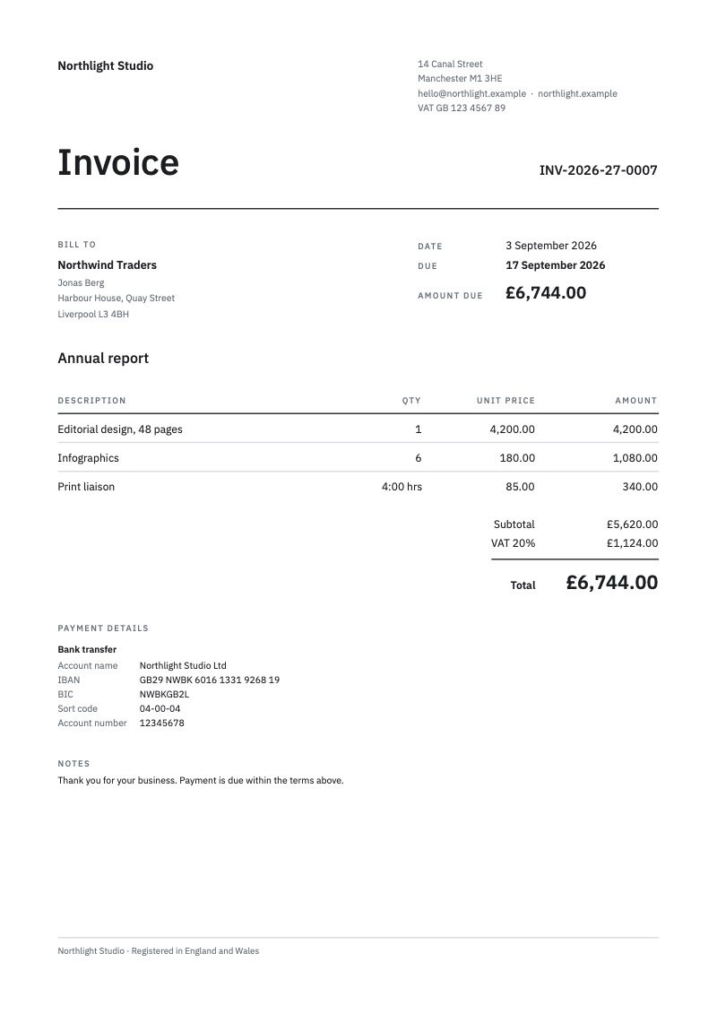 The same invoice in the Swiss template: a large Invoice heading on a strict grid.