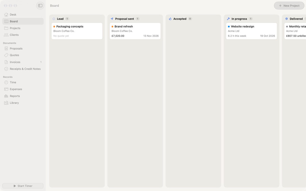 The Paydesk board with projects in the Lead, Proposal sent, Accepted, In progress and Delivered columns.