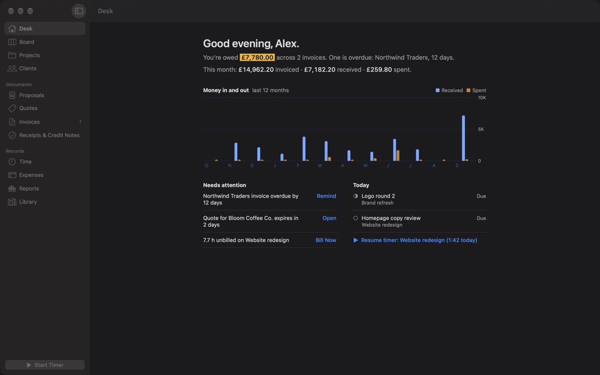 The Paydesk Desk in dark mode.