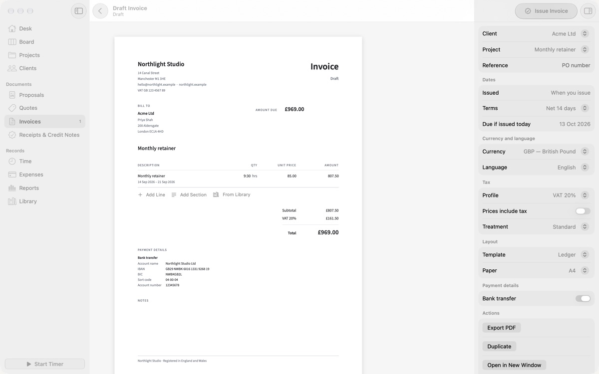 A draft invoice in Paydesk for a monthly retainer, with the line item, VAT and total, and the document settings beside it.
